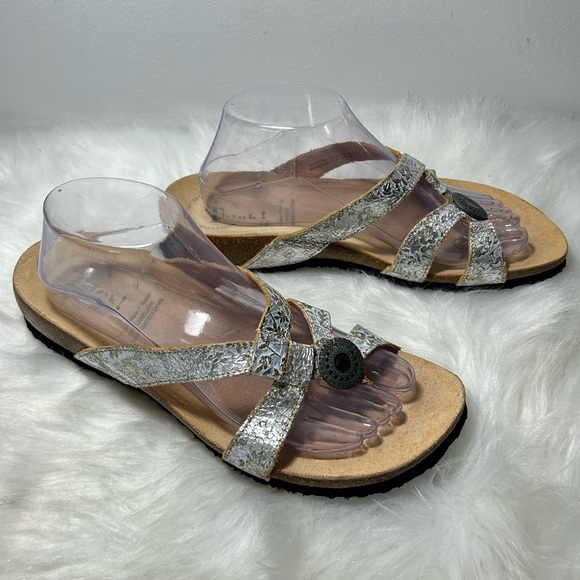Think! Womens Gold Shimmer Leather Slide Wedge Casual Sandals Size 41 - Picture 3 of 8